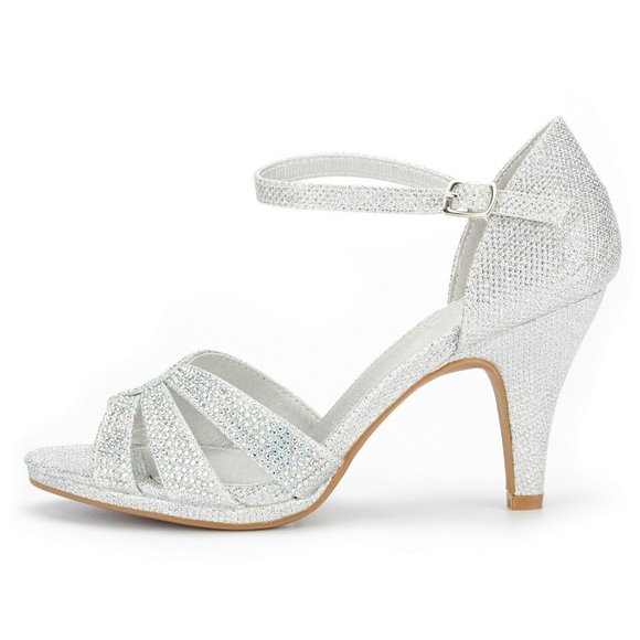 Women's Ankle Strap Stolettos Low Heel Sandals Open Toe Dress Shoes-silver - Picture 1 of 5